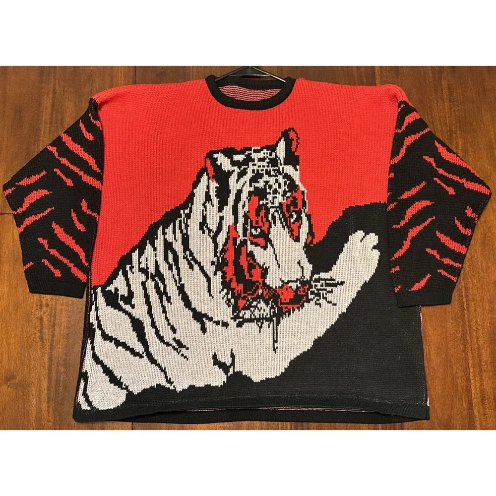 Vintage Marc Chemtob Tiger Sweater Renaissance USA Knit Oversized Graphic 80s